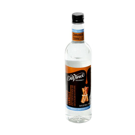 Label close-up of DaVinci Gourmet Sugar-Free Cinnamon Syrup for premium use.