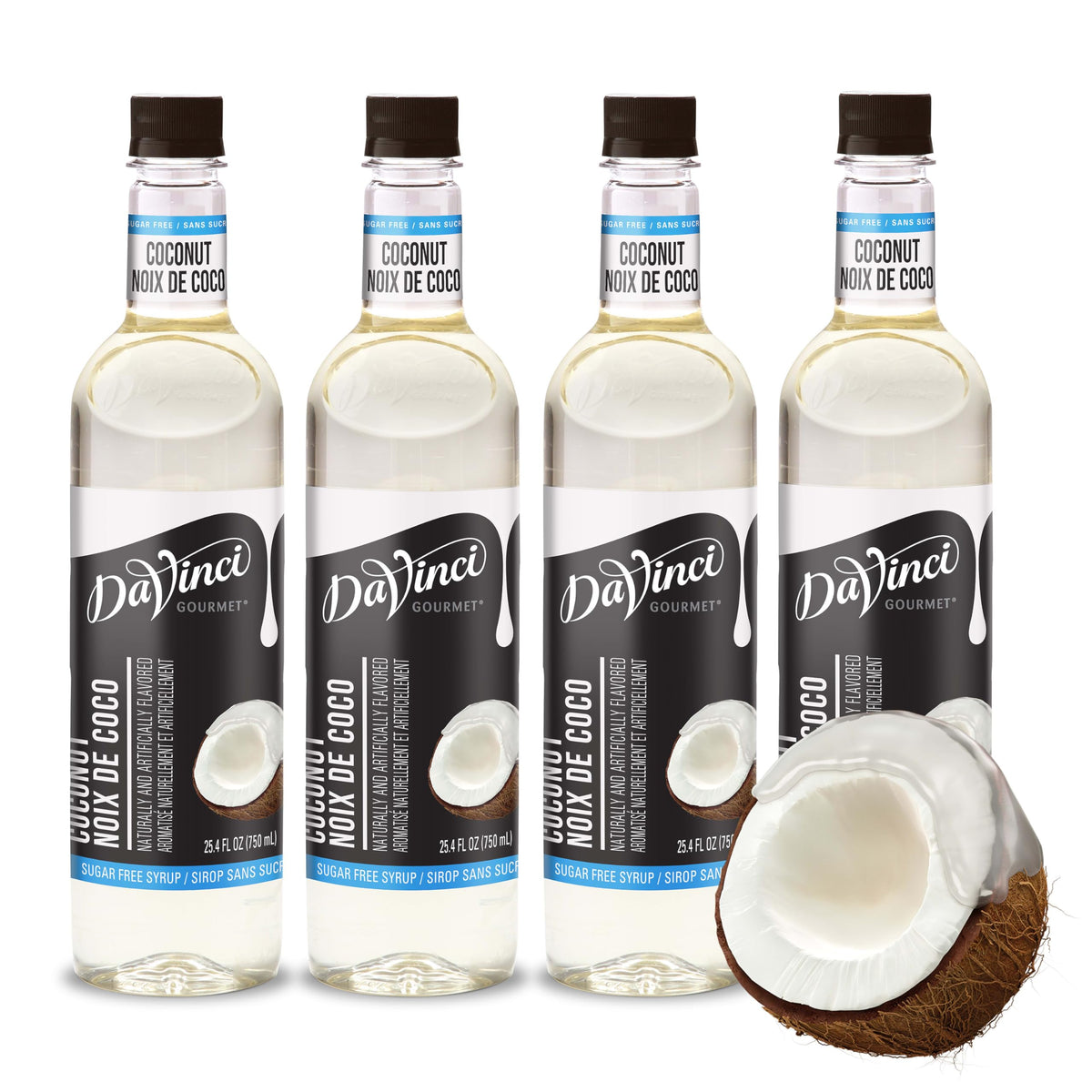 DaVinci Gourmet Sugar Free Coconut Syrup bottle hero, tropical flavor without sugar for everyday beverages.