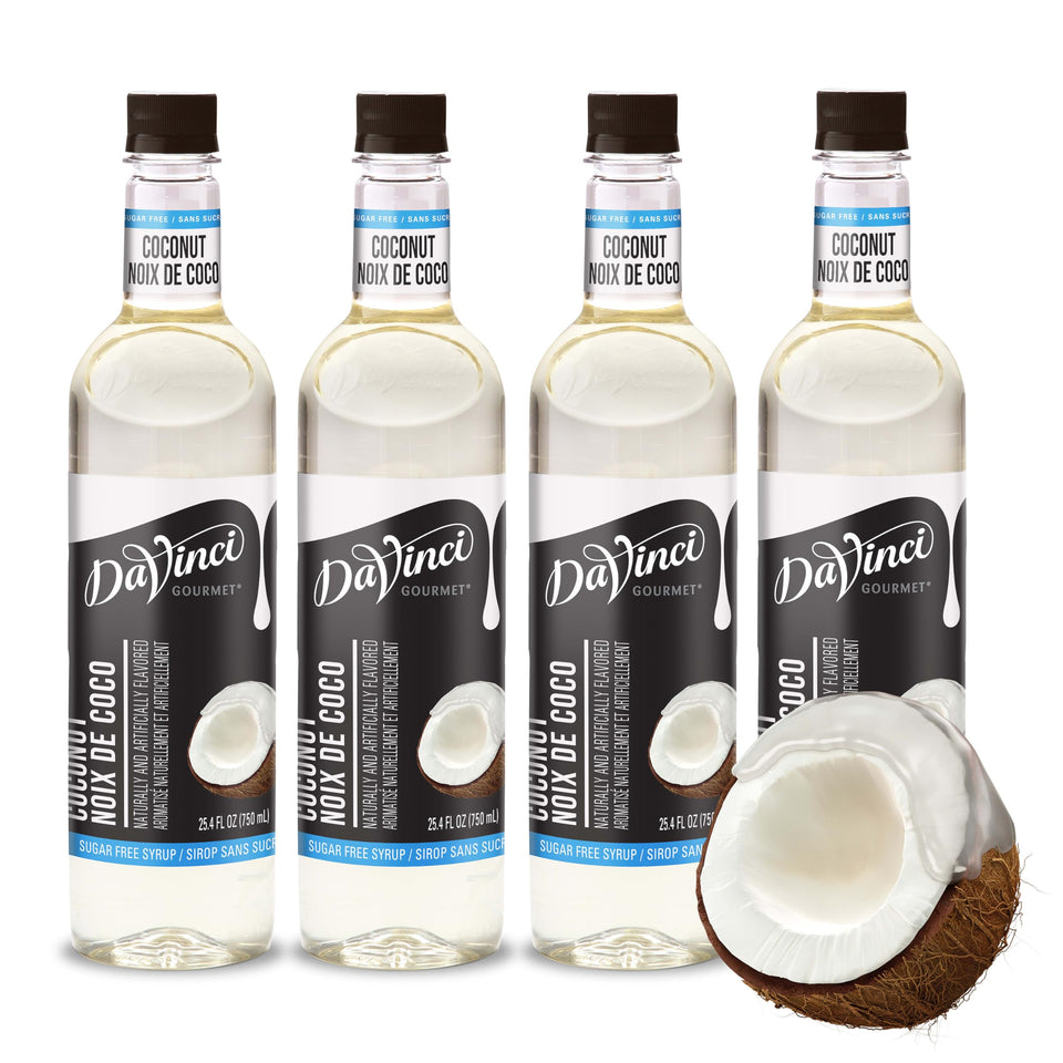 DaVinci Gourmet Sugar Free Coconut Syrup bottle hero, tropical flavor without sugar for everyday beverages.