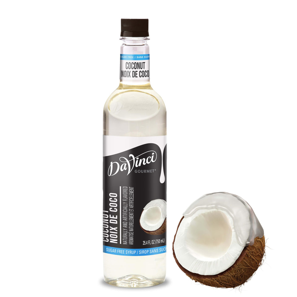 DaVinci Gourmet Sugar Free Coconut Syrup bottle pour reveals tropical flavor without sugar