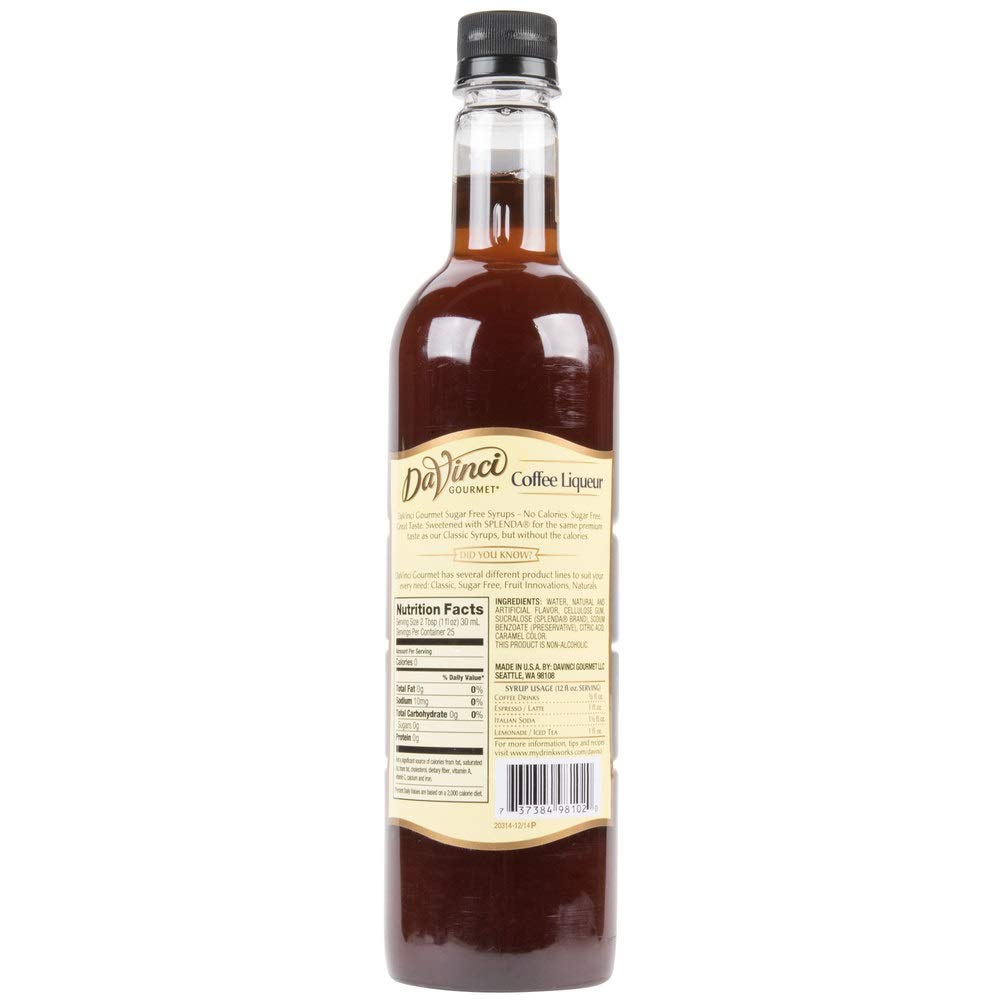 DaVinci Gourmet sugar-free syrup bottle shown with espresso setup, enhances flavor in hot coffee.