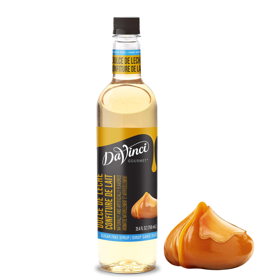 DaVinci Gourmet sugar-free dulce de leche syrup bottle pour highlights indulgent flavor without sugar