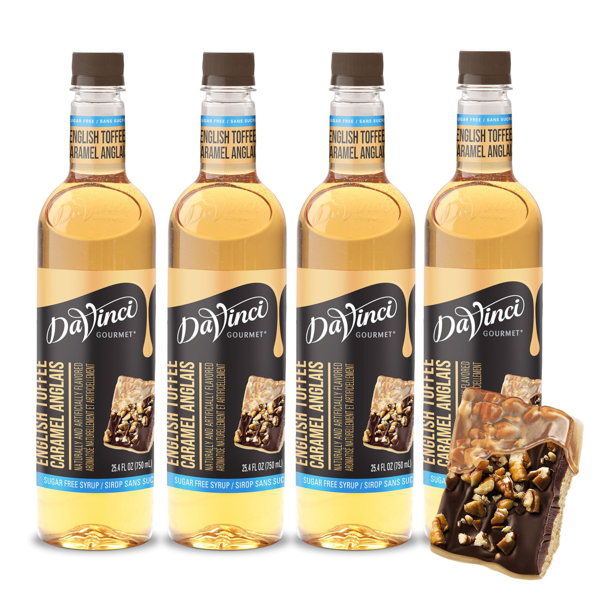 DaVinci Gourmet Sugar-Free English Toffee bottle poured into coffee for smooth flavor