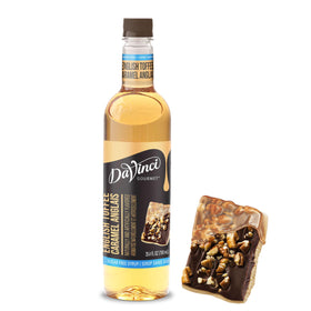 DaVinci Gourmet Sugar-Free English Toffee syrup bottle pour for rich beverage enhancement