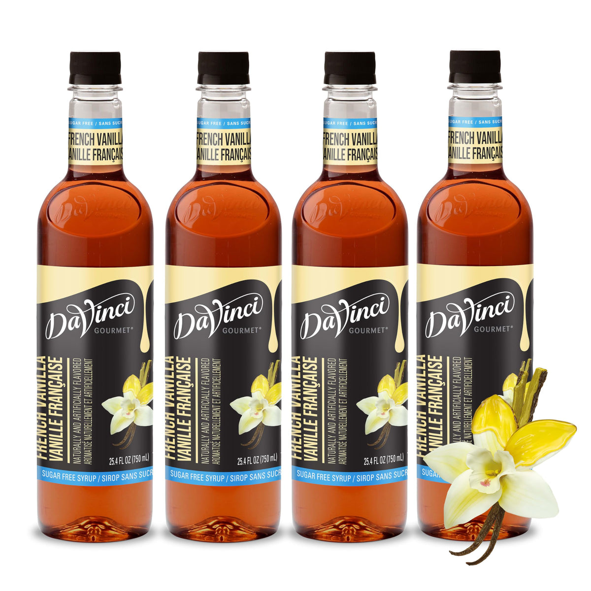 DaVinci Gourmet Sugar-Free French Vanilla Syrup bottle highlighting rich vanilla aroma.