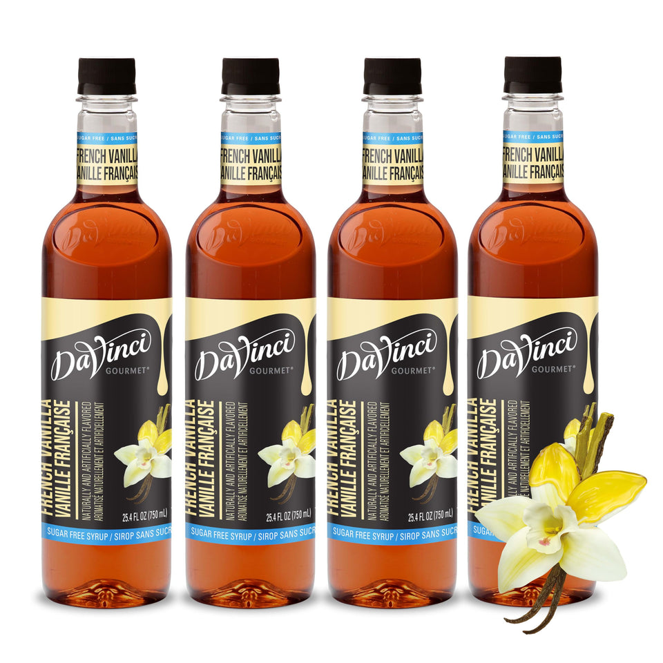 DaVinci Gourmet Sugar-Free French Vanilla Syrup bottle highlighting rich vanilla aroma.