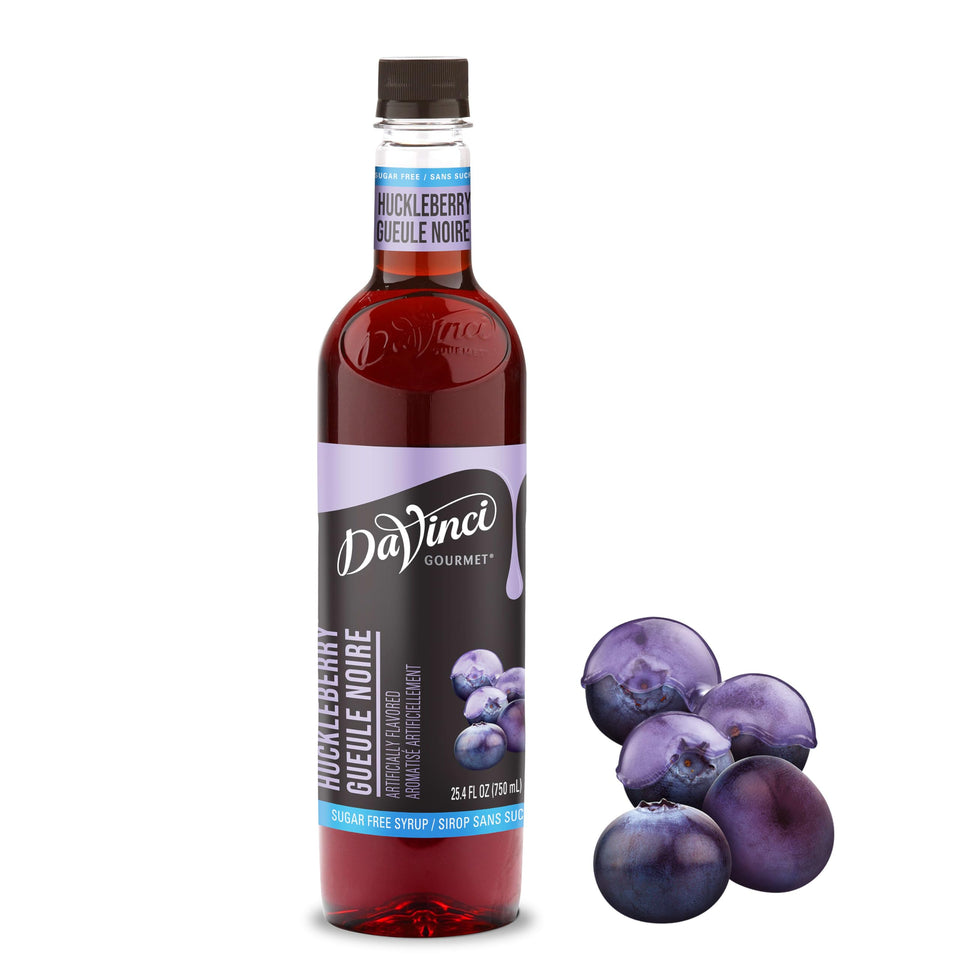 DaVinci Gourmet Sugar-Free Huckleberry Syrup bottle reveals bold berry flavor for coffee and desserts.