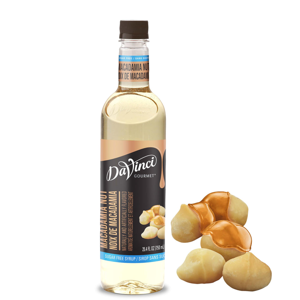 DaVinci Gourmet sugar-free macadamia syrup bottle delivering rich nutty flavor without sugar.