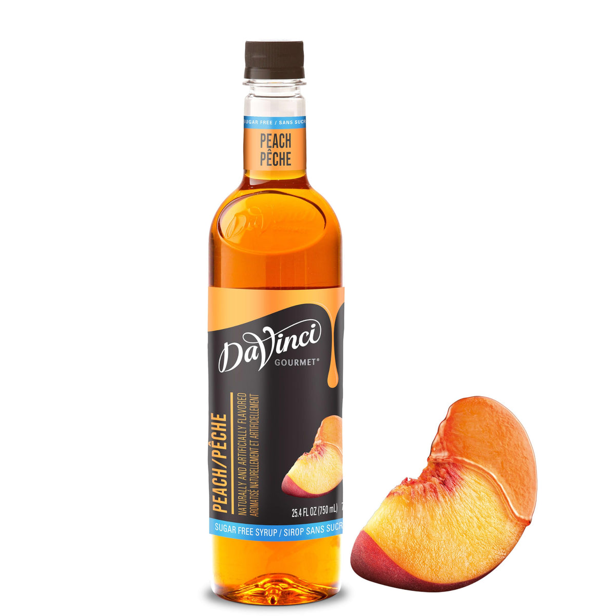 DaVinci Gourmet Sugar Free Peach Syrup bottle showing bold peach flavor for drinks.