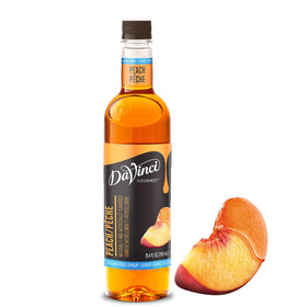 DaVinci Gourmet Sugar Free Peach Syrup bottle showing bold peach flavor for drinks.