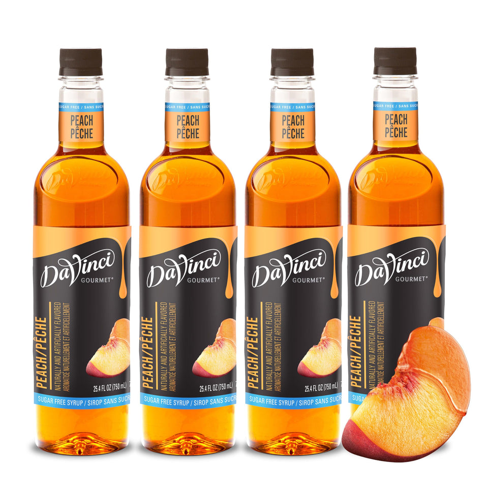 DaVinci Gourmet Sugar Free Peach Syrup bottle highlights peach flavor for beverages