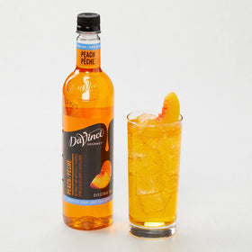 DaVinci Gourmet Sugar Free Peach Syrup on kitchen counter for at-home flavor