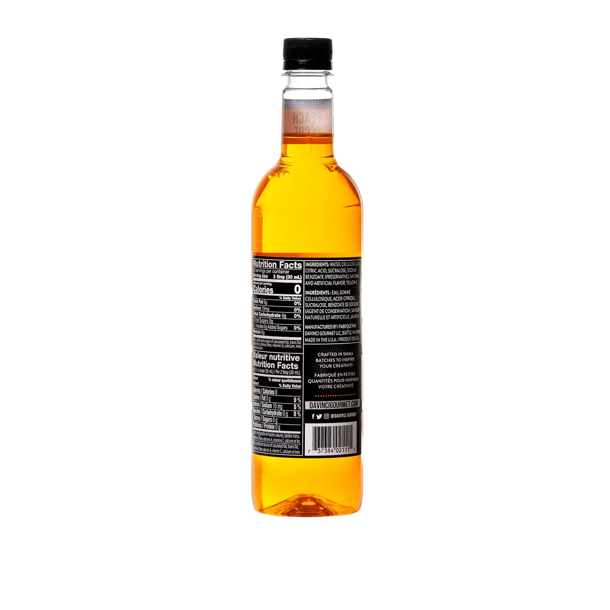 DaVinci Gourmet sugar-free peach syrup pour for coffee and tea flavoring.