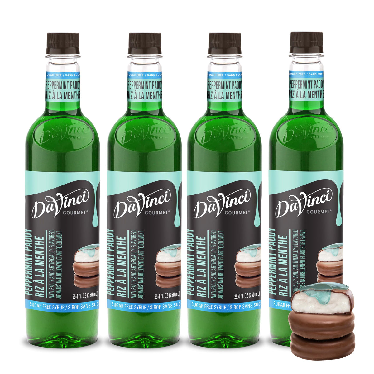 DaVinci Gourmet Sugar-Free Peppermint Paddy syrup bottle pour enhances coffee with minty chocolate flavor.