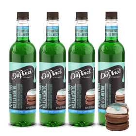 DaVinci Gourmet Sugar-Free Peppermint Paddy syrup bottle pour enhances coffee with minty chocolate flavor.
