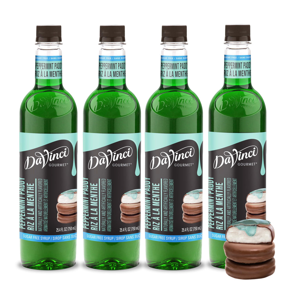 DaVinci Gourmet Sugar-Free Peppermint Paddy syrup bottle pour enhances coffee with minty chocolate flavor.