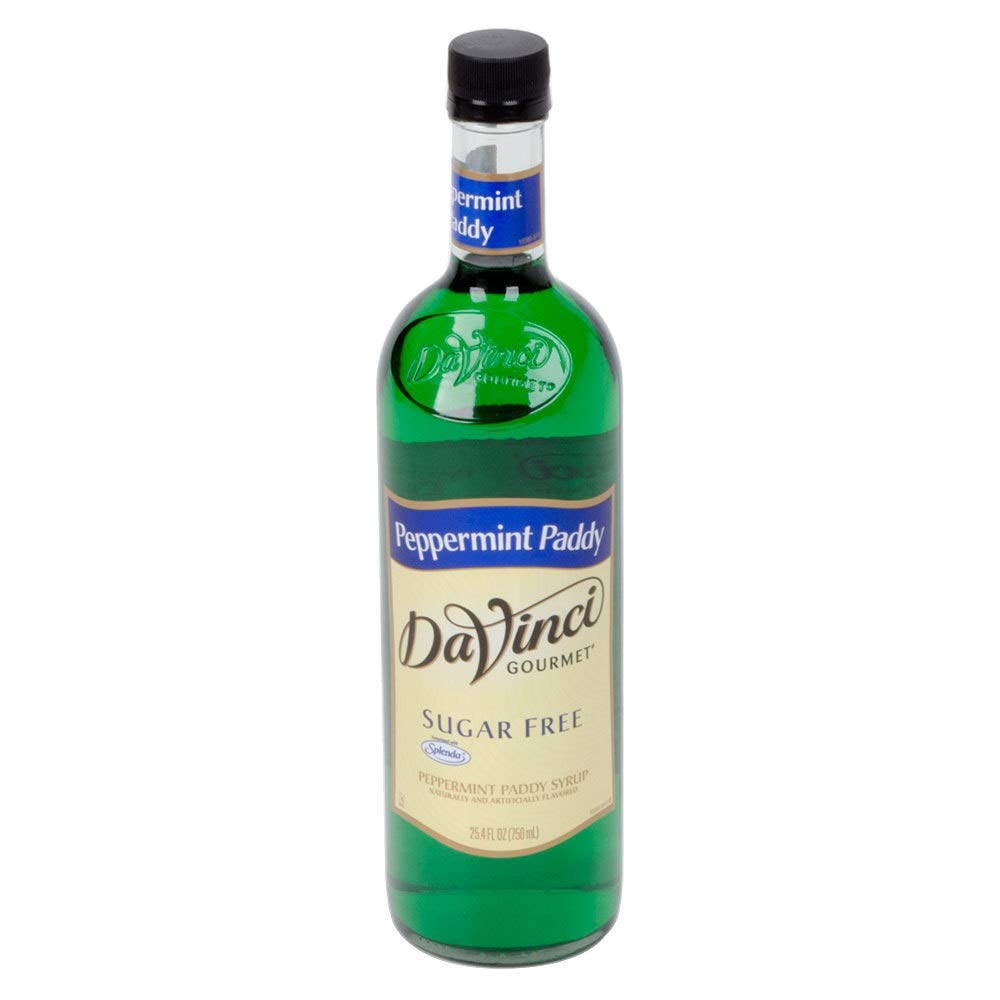 Close-up of DaVinci Gourmet Sugar Free Peppermint Paddy label emphasizing packaging