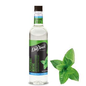 DaVinci Gourmet sugar-free peppermint syrup bottle adds refreshing mint flavor to beverages.