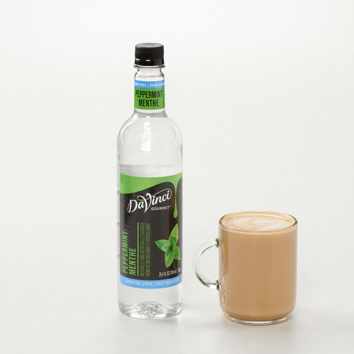 DaVinci Gourmet Sugar-Free Peppermint Syrup beside a cocktail for a festive mint twist.