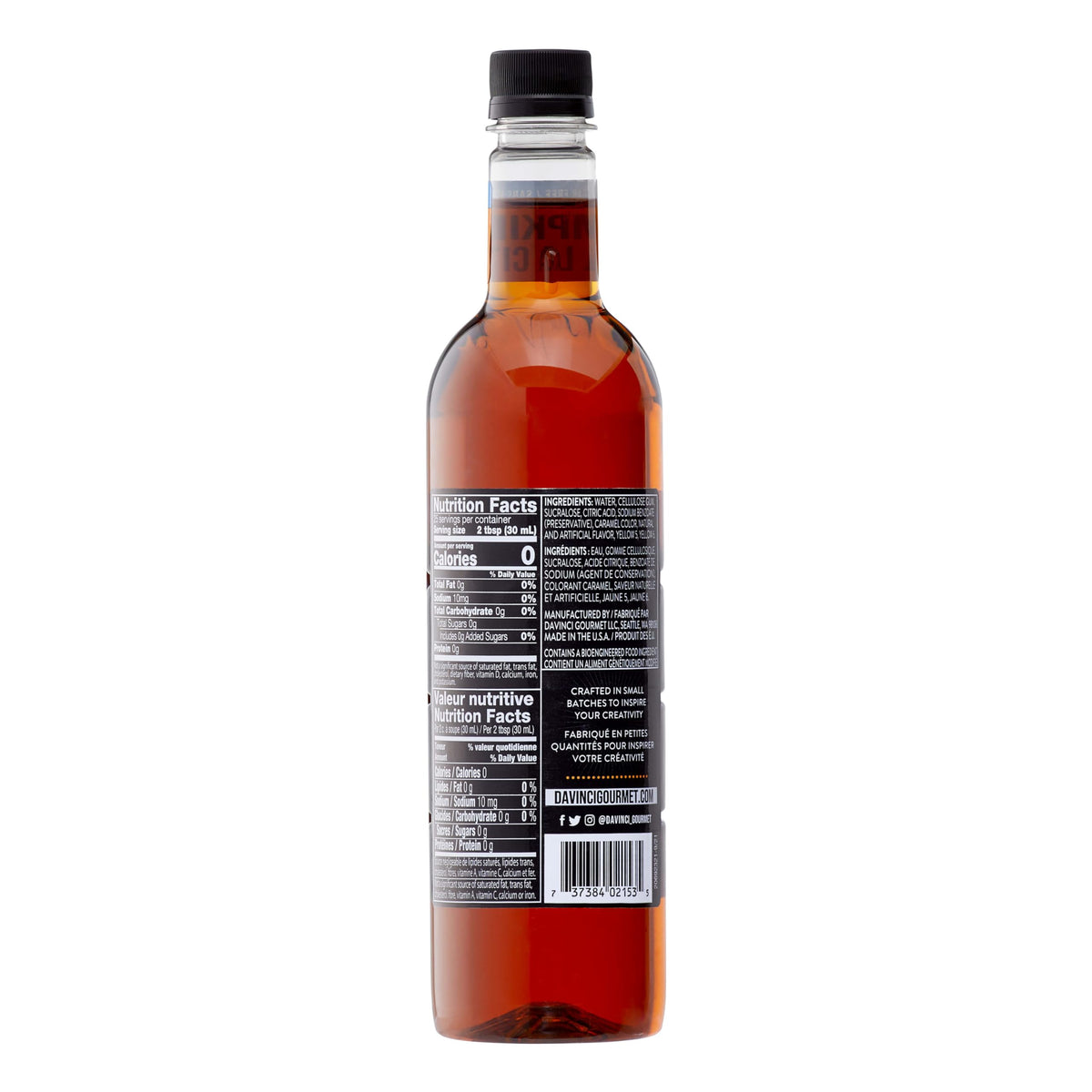 Close-up of DaVinci Gourmet sugar-free label on pumpkin pie syrup