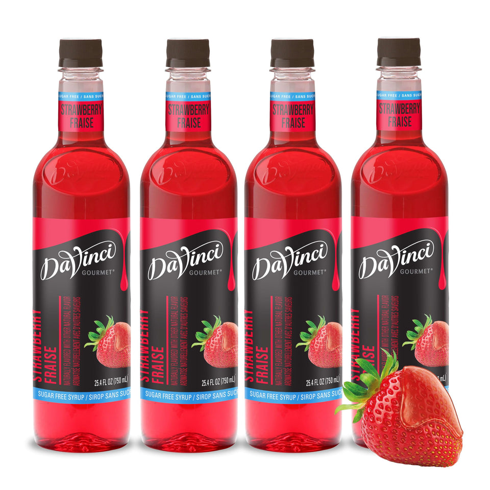 DaVinci Gourmet Sugar Free Strawberry Syrup bottle front, ideal for sugar-free strawberry flavor in coffee.