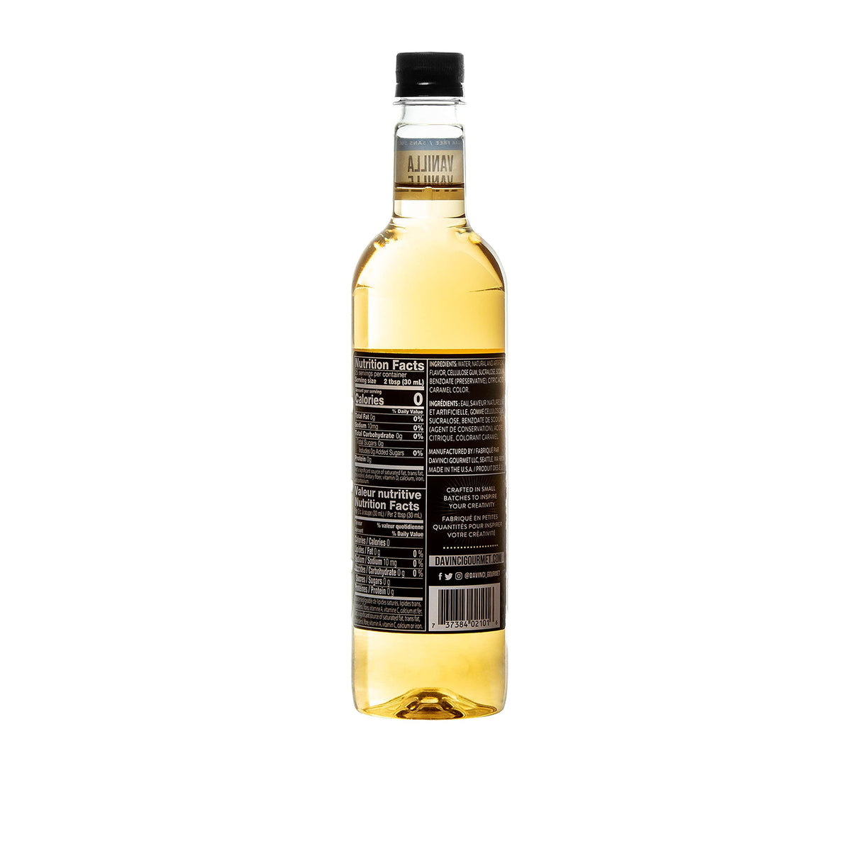 DaVinci Gourmet Sugar Free Vanilla Syrup bottle showcases premium ingredients for a sugar-free vanilla experience.
