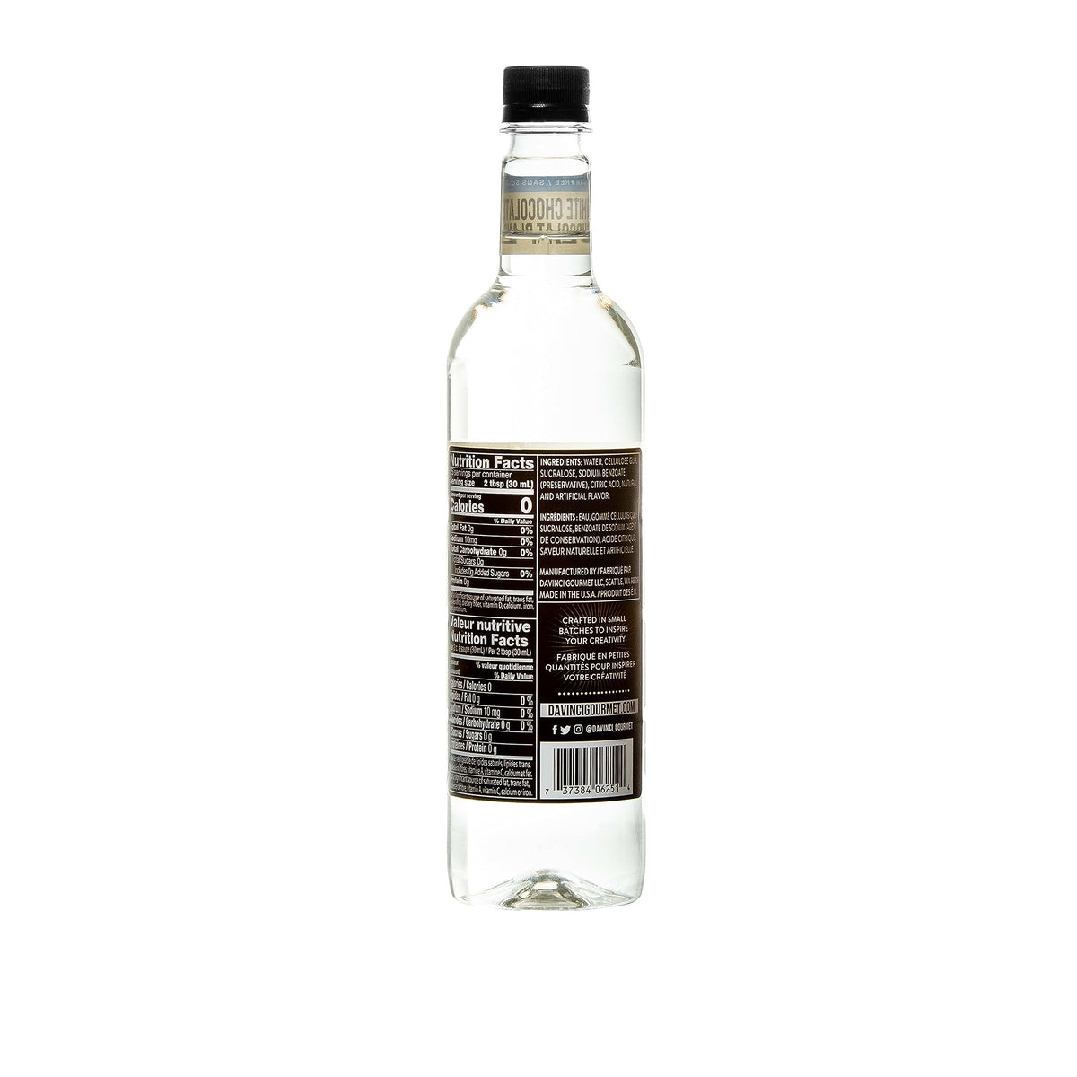 DaVinci Gourmet Sugar-Free White Chocolate Syrup bottle pours to reveal rich flavor.
