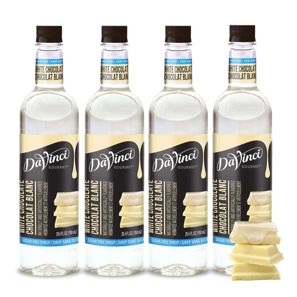 DaVinci Gourmet Sugar-Free White Chocolate Syrup packaging highlights calorie-free indulgence.