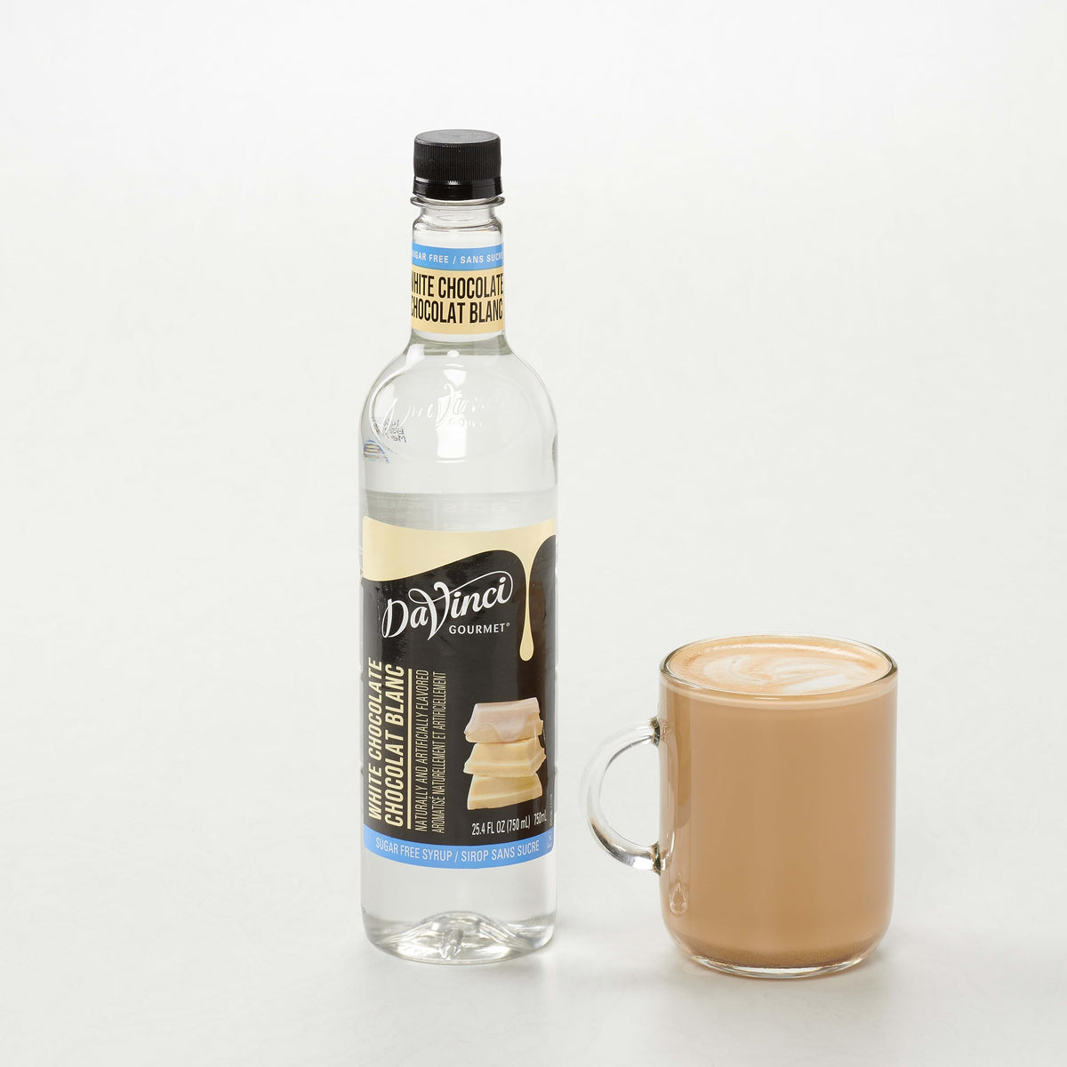 DaVinci Gourmet Sugar-Free White Chocolate Syrup vanilla notes enhance flavor in beverages.