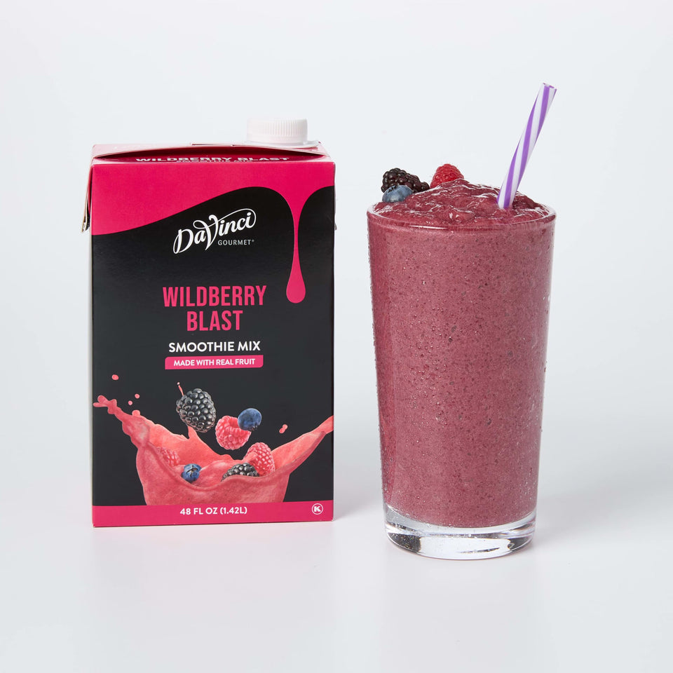 DaVinci Gourmet Wildberry Blast smoothie bottle shows bold berry flavor for easy blending