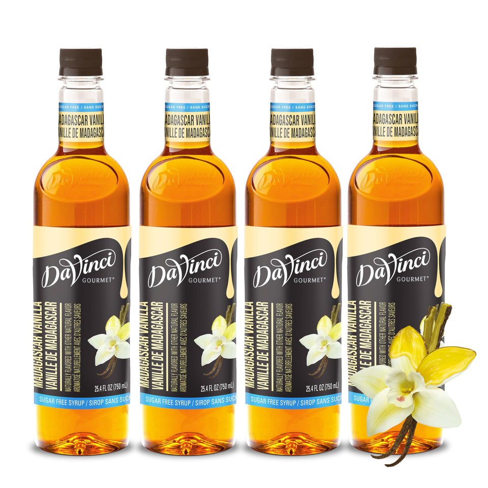 DaVinci Gourmet Sugar Free Madagascar Vanilla bottle pouring into a glass.