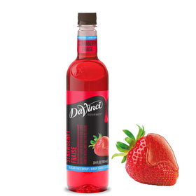 DaVinci Gourmet sugar-free strawberry syrup bottle pour for rich flavor.