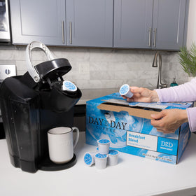 Day To Day Coffee Breakfast Blend pod works with Keurig brewers for quick cups.