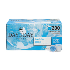 Day To Day Coffee Breakfast Blend pod in cup showing bright, easy morning coffee.