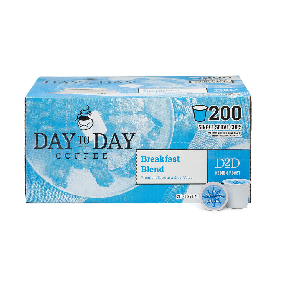 Day To Day Coffee Breakfast Blend pod in cup showing bright, easy morning coffee.