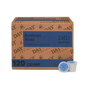 Day To Day Coffee Breakfast Blend pods releasing a bright, inviting aroma in a steaming cup.