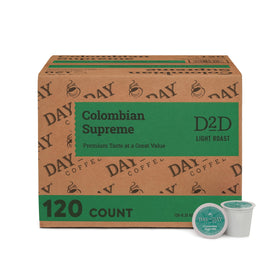 Day To Day Coffee Colombian Supreme Light Roast pods in a box for easy mornings