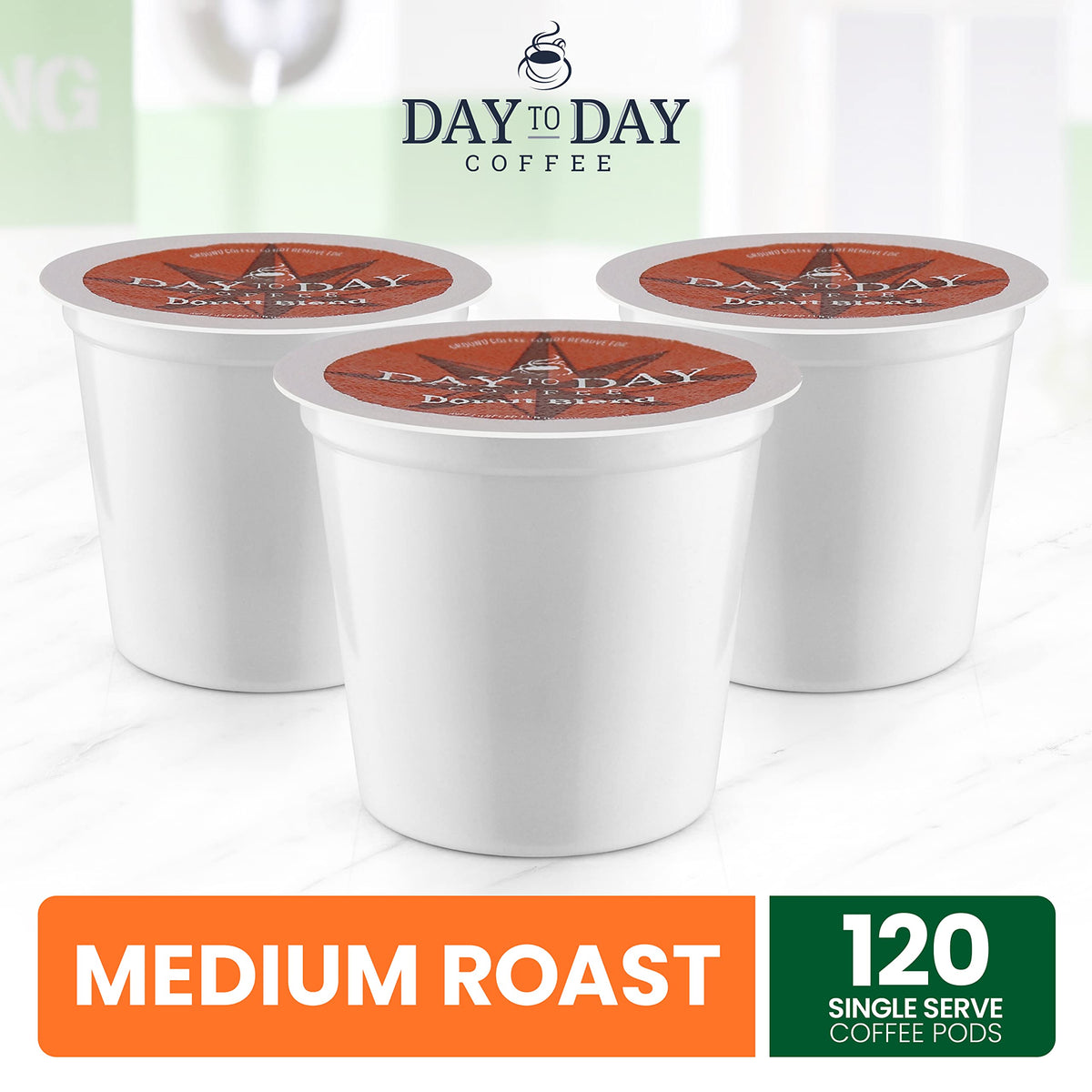 Day To Day Coffee Donut Blend packaging shows kosher certification seal for trusted quality.