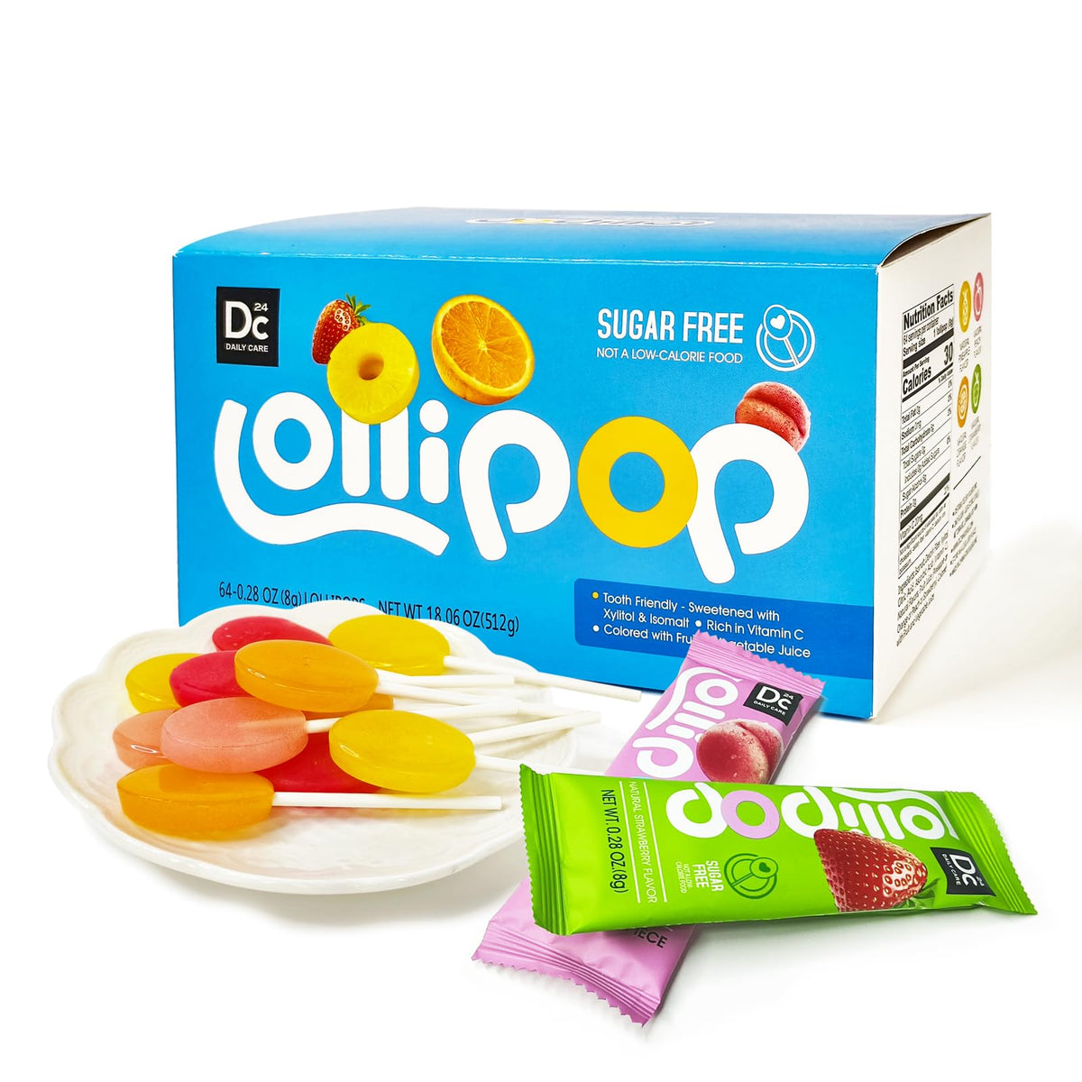DC24 DAILY CARE box front view with colorful sugar-free lollipops for kids.