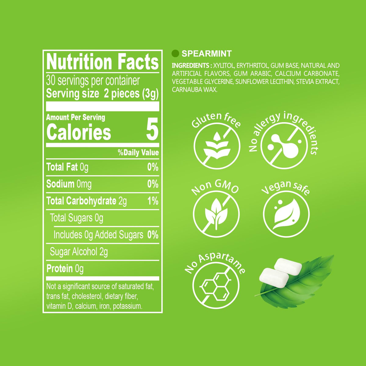 Ingredients label emphasizing xylitol and erythritol, vegan and non-GMO
