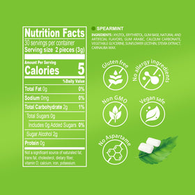Ingredients label emphasizing xylitol and erythritol, vegan and non-GMO