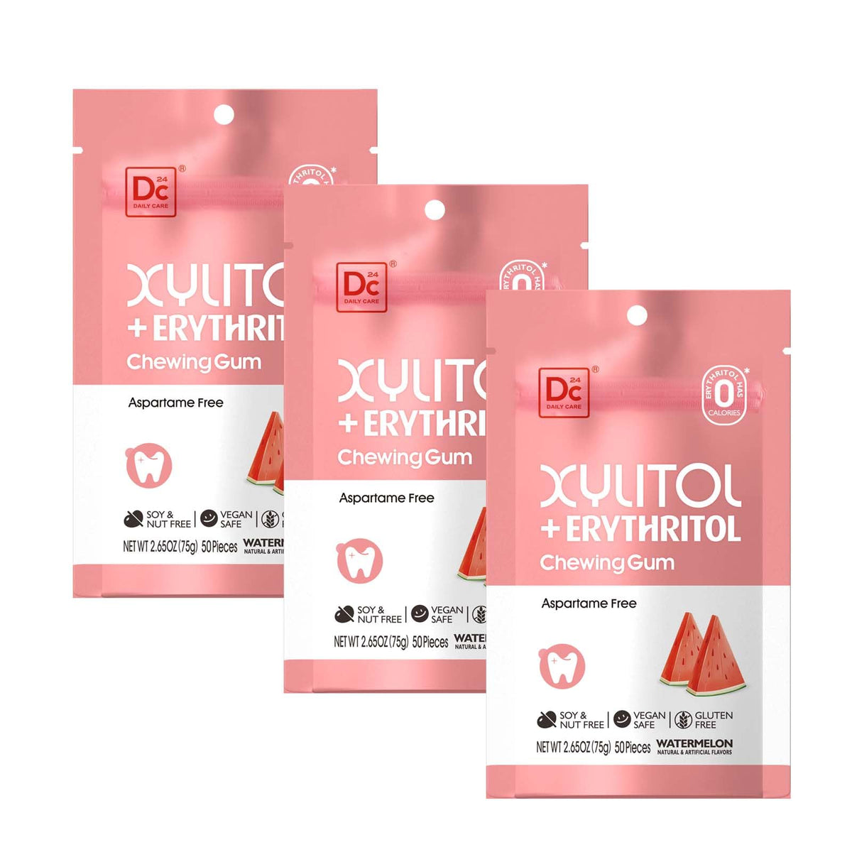 DC24 Daily Care watermelon gum pack shot highlighting sugar-free formula.