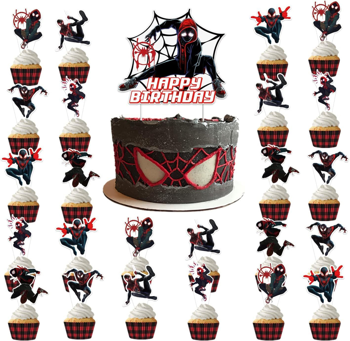 Ddajksq Miles Morales cake topper on a Spider-Man party cake