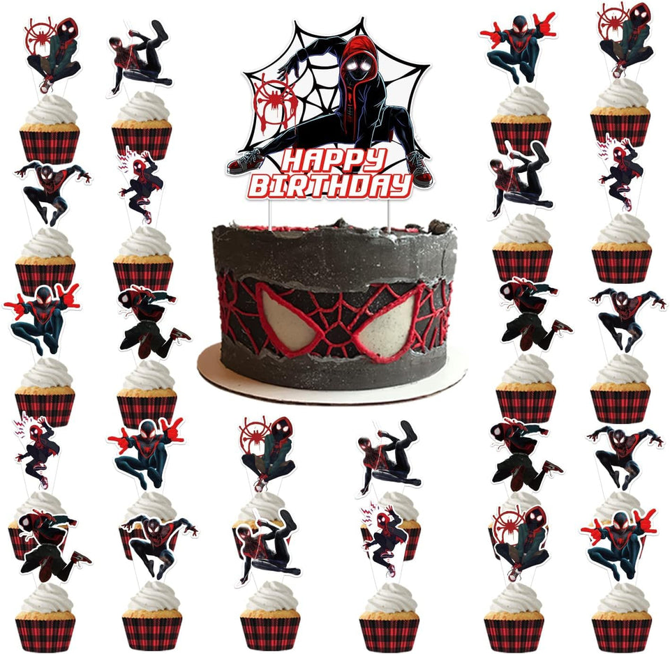 Ddajksq Miles Morales cake topper on a Spider-Man party cake