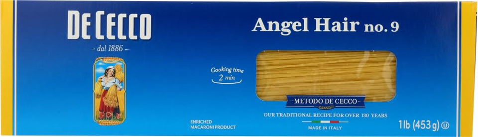 De Cecco angel hair pasta pack 6 pack shot, ideal for quick weeknight dinners.