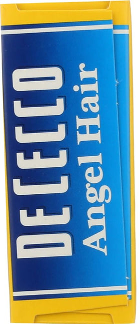 De Cecco angel hair pasta pan with sauce, ready for quick meals.