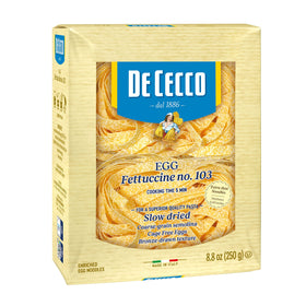 De Cecco Egg Pasta No.103 Fettuccine box ready for al dente cooking.