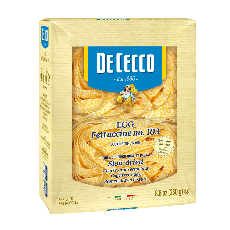 De Cecco Egg Pasta No.103 Fettuccine box ready for al dente cooking.