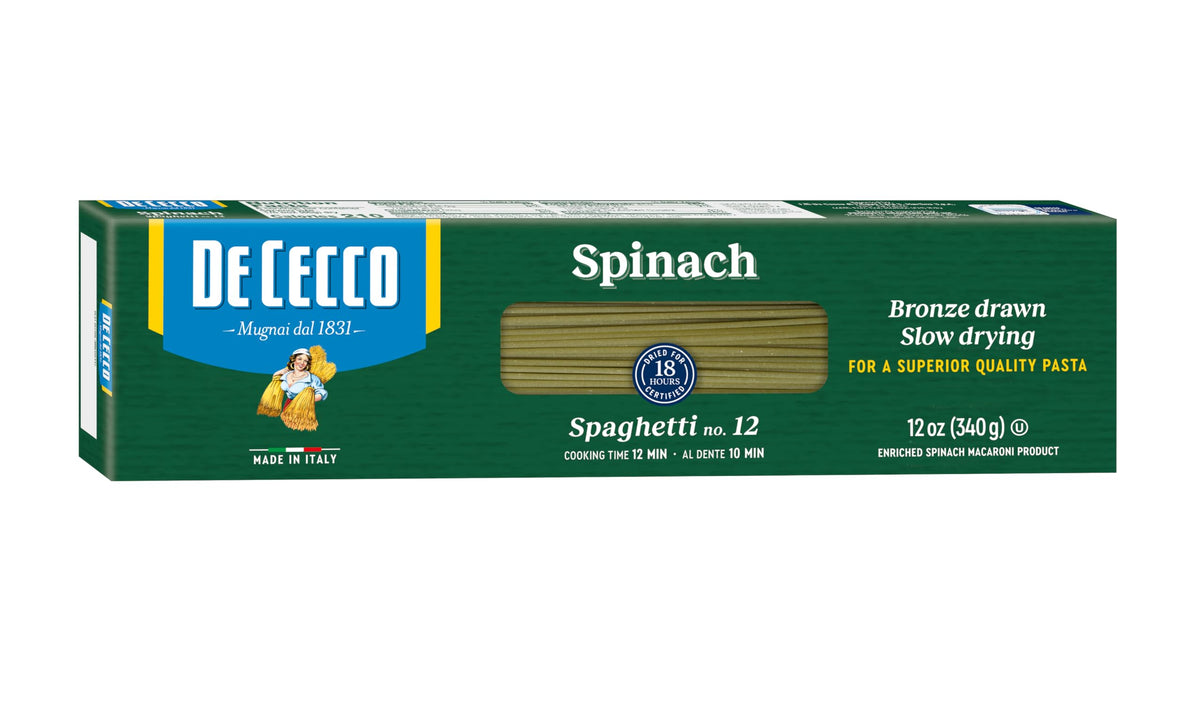 De Cecco Spinach Spaghetti No.12 packaging, ideal for quick weeknight meals