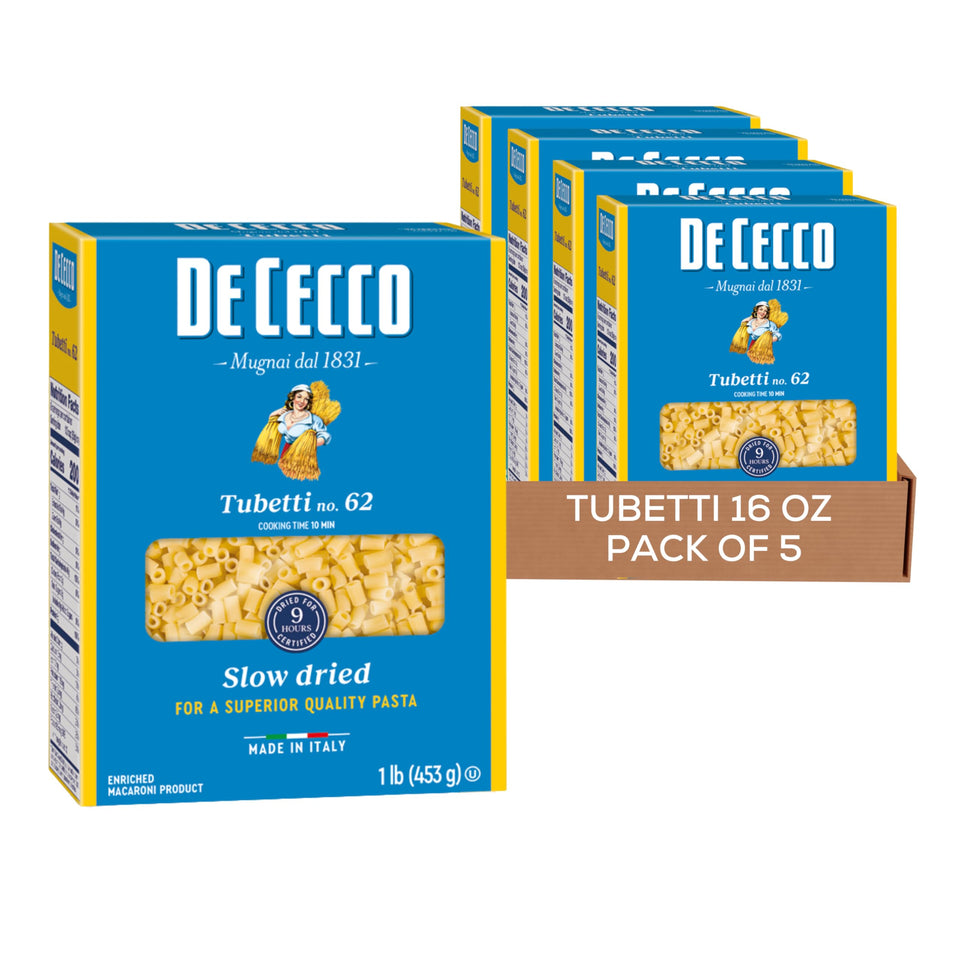 De Cecco Tubetti No. 62 pasta pack of five, ideal for quick weeknight meals.